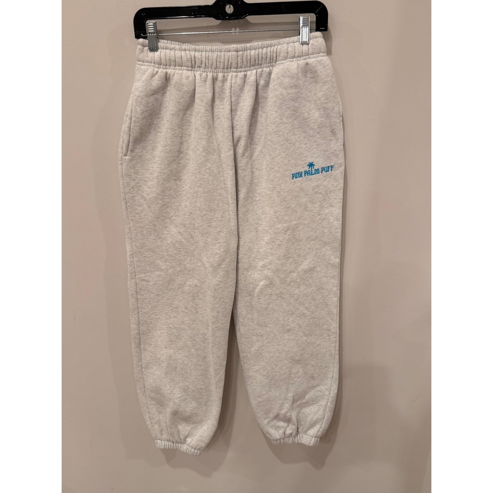 Pink Palm Puff Grey Heather Logo Embroidered Jogger Sweatpants Women Small